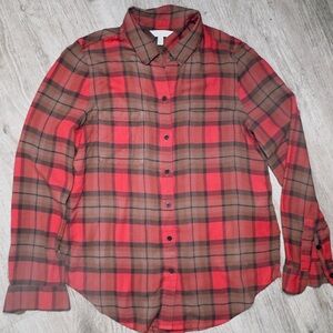 Lucky Brand Red and Brown Plaid Women’s Button-Down Shirt